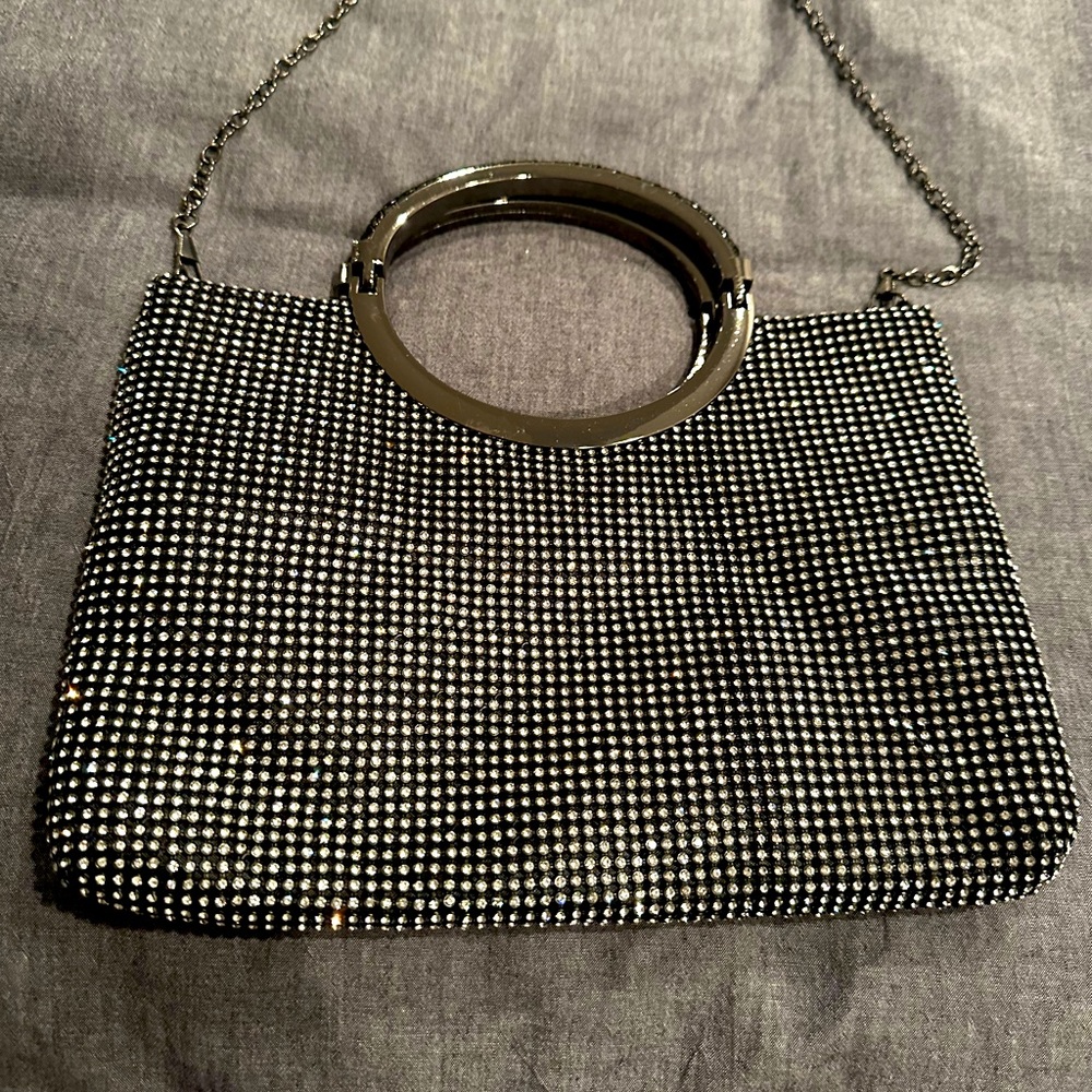Black satin occasion clutch with rhinestones